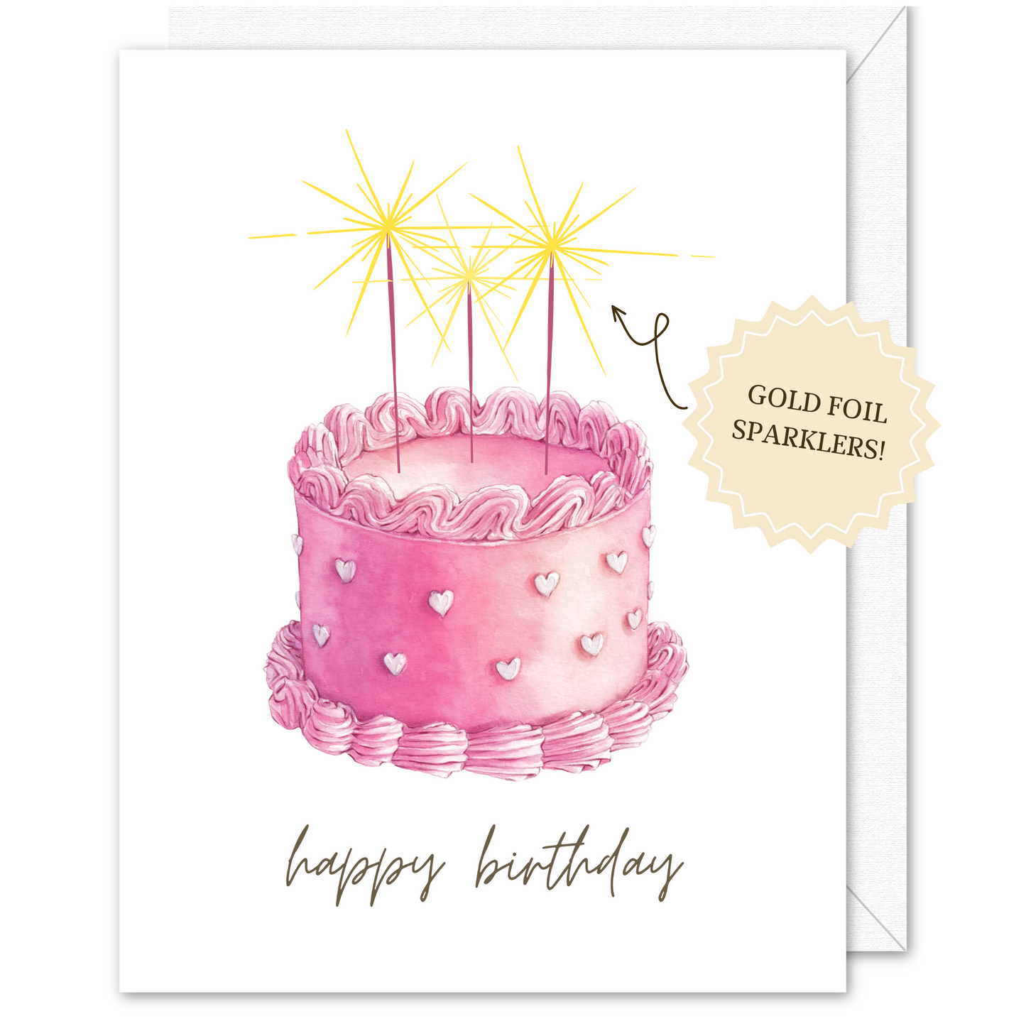 "Happy Birthday" Pink Cake with Metallic Sparkler Birthday Card