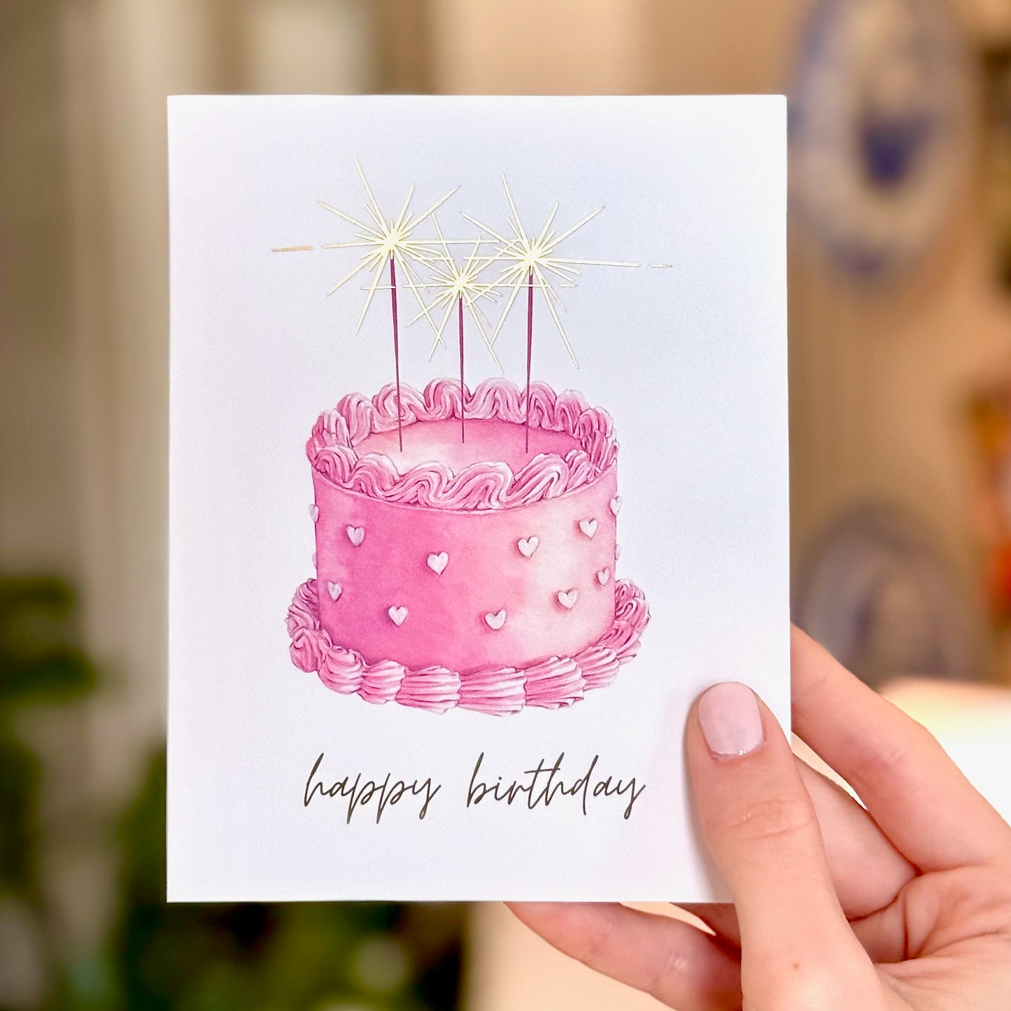 "Happy Birthday" Pink Cake with Metallic Sparkler Birthday Card